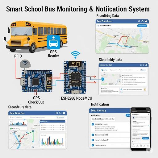 Smart school bus monitoring and notification system using RFID, GPS and ESP8266 NodeMCU - STS Project Idea