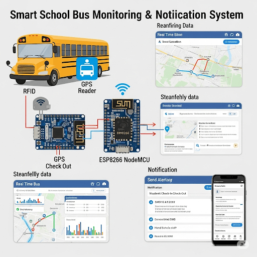 Smart school bus monitoring and notification system using RFID, GPS and ESP8266 NodeMCU